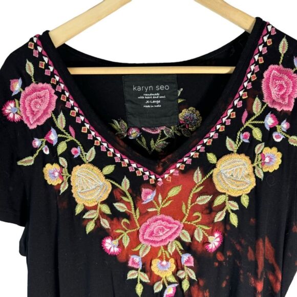 Karen Seo Black Embroidered Bodice V-Neck Dress Sz XL - Picture 3 of 9